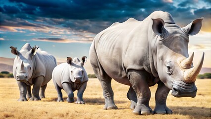 Fototapeta premium Majestic White Rhinoceros Family Roaming the African Savanna