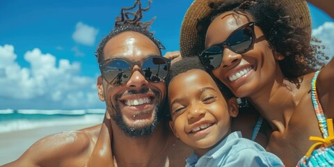 Fototapeta premium A family of three enjoys time together on the beach