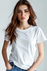 Obraz premium White tshirt mockup on woman model created with Generative AI