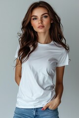 Obraz premium White tshirt mockup on woman model created with Generative AI