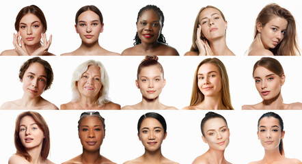Collage made of beautiful women of different age showing perfect and well-kept skin isolated on...