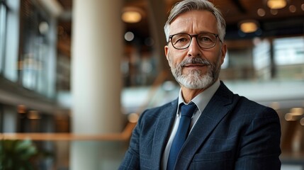 Fototapeta premium Confident businessman portrait in office. This image is perfect for illustrating articles or presentations about business, leadership, or success.