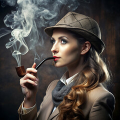 Obraz premium Attractive and beautiful woman smoking a pipe