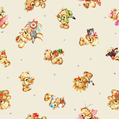 Teddy Zodiac watercolor seamless pattern