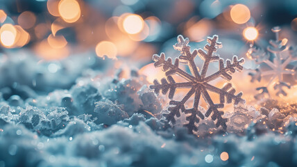 Stunning Close-Up of Snowflakes with Magical Christmas Lights Bokeh