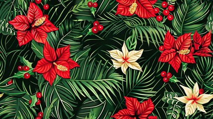 Red and white poinsettias and holly leaves with green tropical foliage seamless pattern