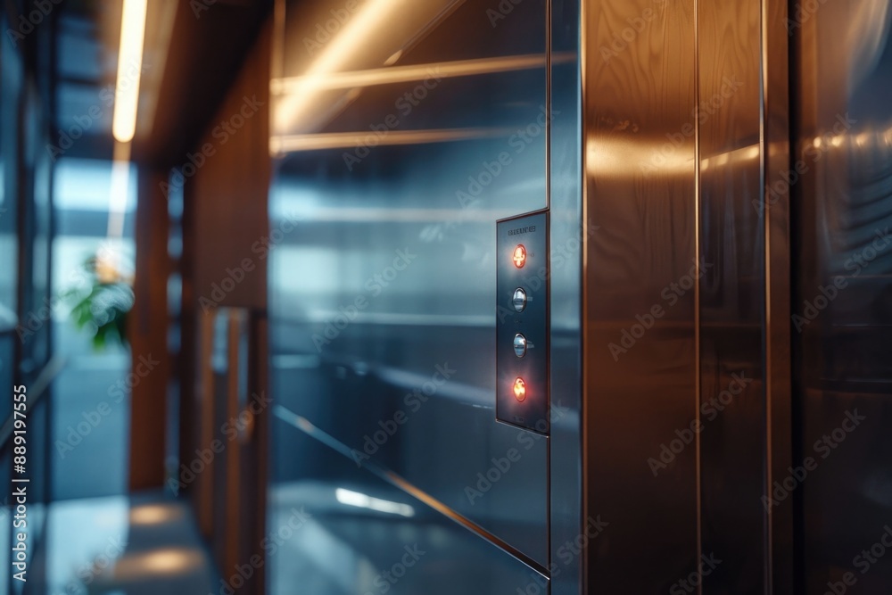 Poster A close-up shot of an elevator with a single light turned on, suitable for use in interior design or technology-related contexts