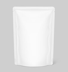 Food pouch bag mockup. Vector illustration isolated on grey background. Front view. Can be use for template your design, presentation, promo, ad. EPS10.	