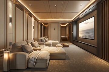 Neutral Home Theater Room with Clean Seating and Large Screen: A minimalist home theater mockup with clean seating and a large screen.