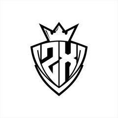 ZX Letter logo with sharp triangle shield shape with crown inside white outline on white background template design