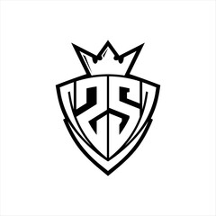 ZS Letter logo with sharp triangle shield shape with crown inside white outline on white background template design