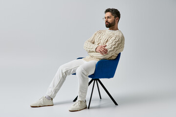 A man with a beard sits in a chair, arms crossed, wearing a white sweater on a grey studio background.