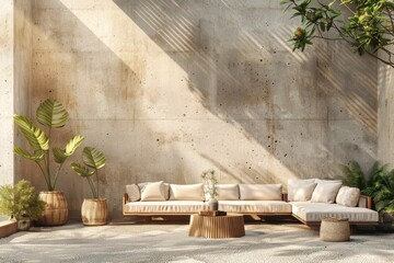 Outdoor Patio with Minimalist Furniture and Potted Plants: A minimalist outdoor patio mockup featuring sleek furniture and potted plants.