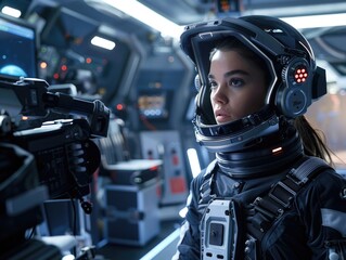 Astronaut holds camera while floating in space