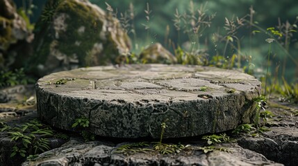 Obraz premium A stone platform in a lush green forest. Perfect for displaying products or showcasing natural beauty.