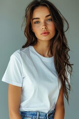 Fototapeta premium White tshirt mockup on woman model created with Generative AI