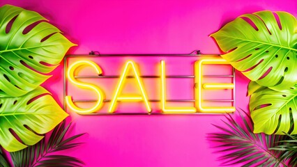 Exotic tropical summer background. Promotional banner with vibrant tropical green leaf patterns and neon sale lettering, ideal for summer sales and promotions in a colorful and vibrant style.