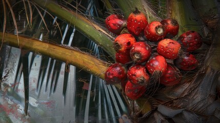 Abundance of crimson fruit on the palm tree