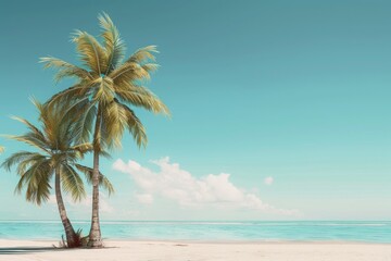 Fototapeta premium A pair of palm trees standing tall on a sunny sandy beach, perfect for tropical getaway or vacation