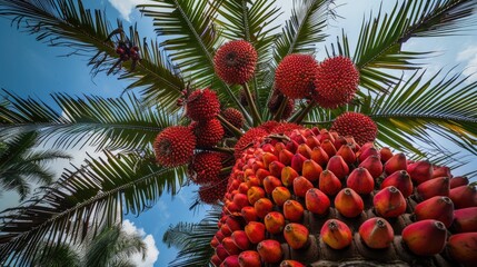 Abundance of crimson fruit on the palm tree