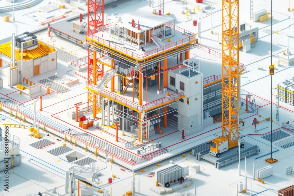 Poster a busy construction site with a crane lifting heavy materials, surrounded by half-built structures