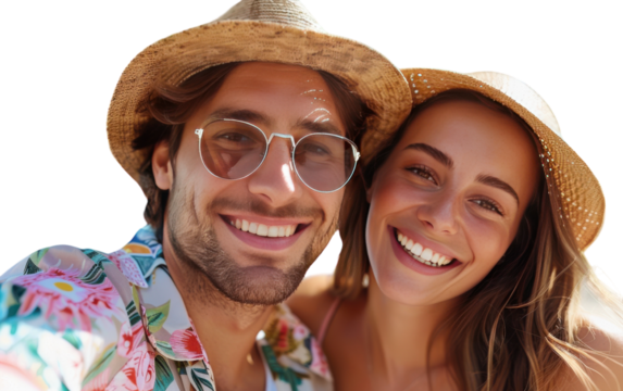 Smiling Couple Wearing Straw Hats and Sunglasses on a Sunny Day