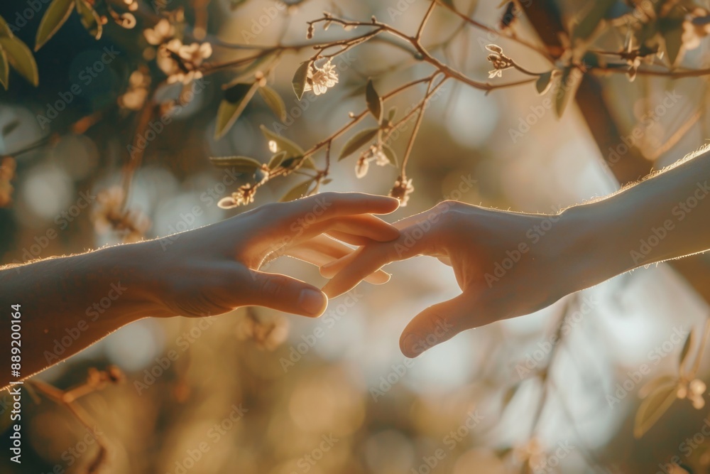 Poster Two hands extending from the darkness towards each other, illuminated by the light of a nearby tree