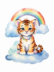 Watercolor painting of cute tiger sitting on the cloud with rainbow in the sky. Illustration for design, artwork, template, story book, nursery decor, wallpaper