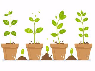 2. A hand-drawn vector illustration of several pots containing plant sprouts, depicting different stages of growth from seeds in the ground to young plants. The clean white background and flat design