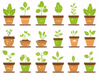 Obraz premium 3. A detailed vector illustration showcasing an array of pots with sprouting plants, each pot displaying a different stage of seedling development. The flat, hand-drawn style and white background