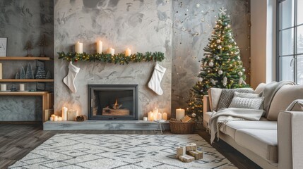 Cozy Living Room with Christmas Tree, Fireplace, and Holiday Decorations for Festive Stock Photography