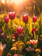 Fototapeta premium A field of pink tulips against a warm sunset sky