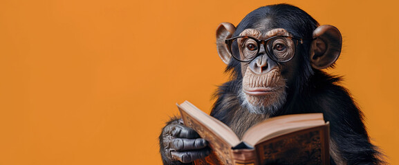 Two intelligent-looking monkeys wearing glasses, engrossed in reading a book, symbolizing curiosity and intelligence.