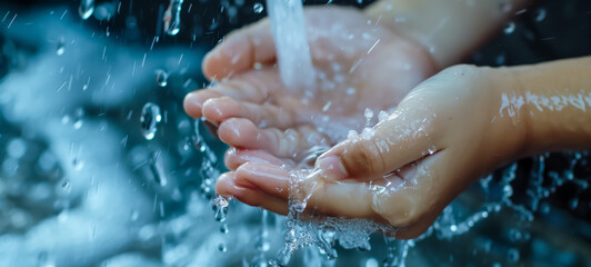 Close-up of hands catching fresh flowing water