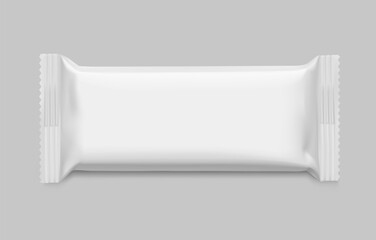 Realistic flow packaging mockup for bars, candies, waffles. Front side. Vector illustration on grey background. Easy to use for presentation your product, idea, design. EPS10.