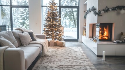 Fototapeta premium Cozy Modern Living Room with Christmas Tree, Fireplace, and Snowy View Through Large Windows