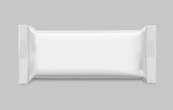 Realistic flow packaging mockup for bars, candies, waffles. Front side. Vector illustration on grey background. Easy to use for presentation your product, idea, design. EPS10.