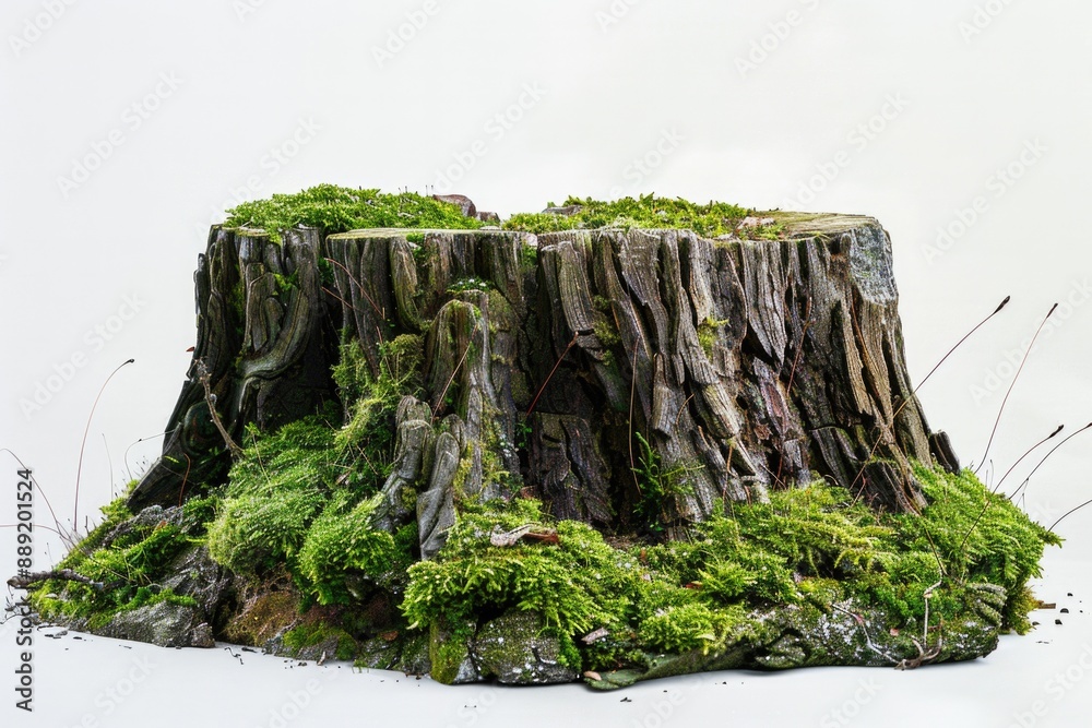 Poster a close-up view of a tree stump with moss growing on it, perfect for use in nature or outdoor-themed