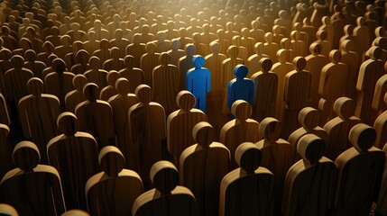 Obraz premium A single wooden figure stands out against a background of blurred figures, symbolizing the concept of individuality