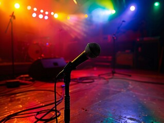 5. A dynamic image of a microphone on its stand, placed on the stage floor with a backdrop of colorful stage lights and a darkened audience area, capturing the essence of a live music venue
