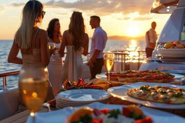 A stylish yacht party at sunset with individuals enjoying drinks and gourmet snacks, highlighting a beautiful sunset over the sea and a sophisticated social atmosphere.