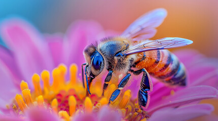 A close-up of a bee sitting on a flower's pollen, with fine grains of pollen trailing behind it, emphasizing the dynamic nature of the pollination process. 