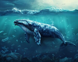 Naklejka premium A majestic whale swimming in a plastic-free ocean