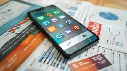 Smartphone displaying mobile banking app finance icons transactions savings investments financial documents stock market wealth management fund manager return interface internet technology analysis 