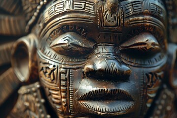 A close-up of a traditional African mask intricately carved with symbols of [Country]'s Democracy Day. Illustration --ar 3:2 --style raw Job ID: f6d4f63a-1e77-4d1d-bbac-95e244adad53