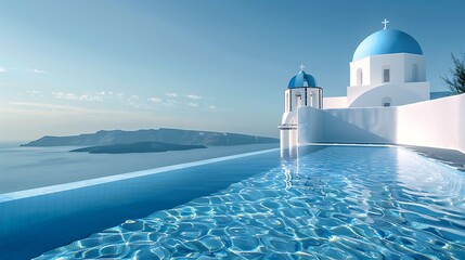 Obraz premium Iconic Santorini view with blue dome church, pool, Aegean Sea, clear sky, serenity