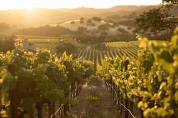 sundappled vineyard lush green grapevines heavy with ripe clusters golden hour light rolling hills wine country idyll bountiful harvest natures abundance