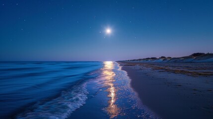 A serene beach at twilight with the moon reflecting on the water, creating a peaceful and tranquil atmosphere.