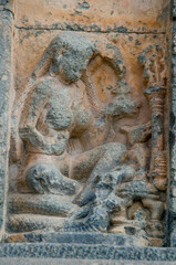 Intricately carved stone sculpture, 11th - 12th Century, Kalyana Chalukya style of Hindu architecture, Kasivisvesvara Temple, Lakkundi, Gadag, Karnataka, India, Asia.