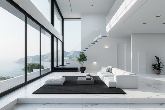 Living Room with Monochrome Furniture and Large Windows: A minimalist living room mockup with black-and-white furniture and plenty of natural light.